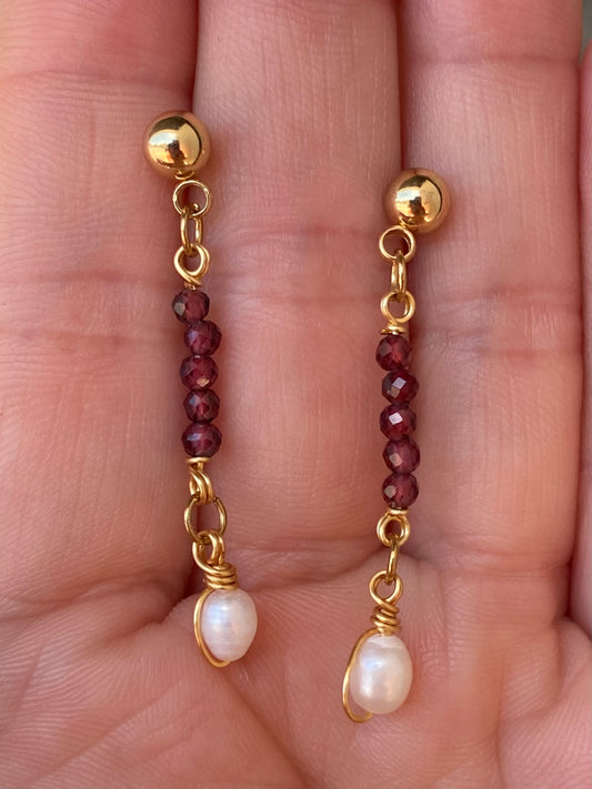 Garnet & Freshwater Pearl Drop Earrings